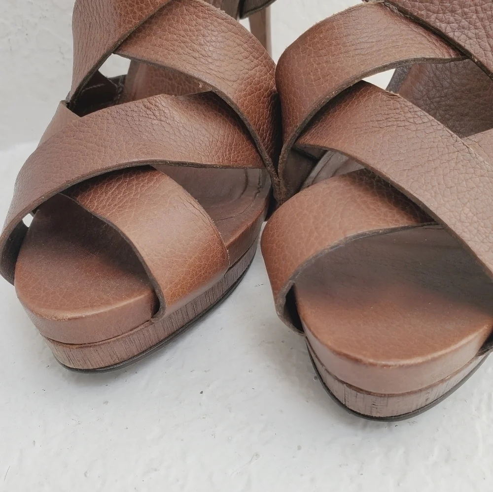 Zara Women Leather Wooden Heal Platform Strappy Sandal Shoes Brown Size 41/US 10 - Picture 4 of 14
